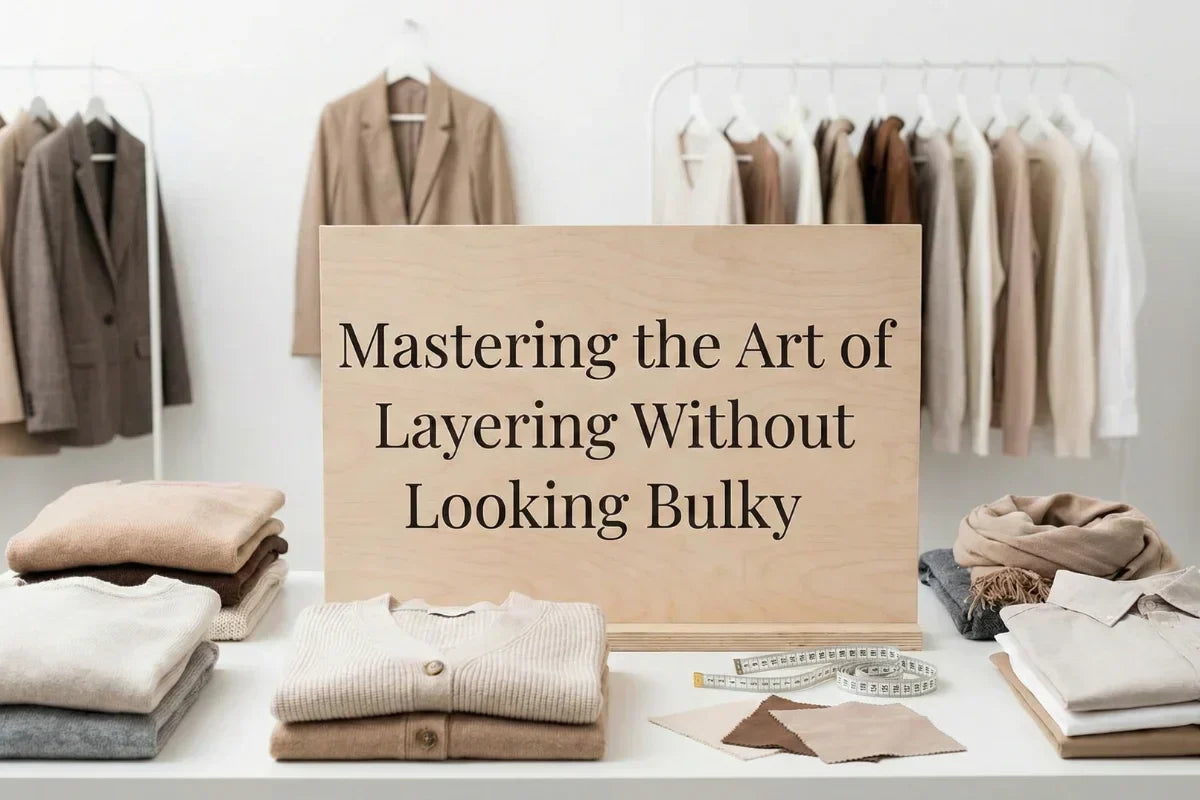 Neutral tone apparel and sweaters neatly folded with sign reading 'Mastering the Art of Layering Without Looking Bulky' in a minimalist boutique setting.