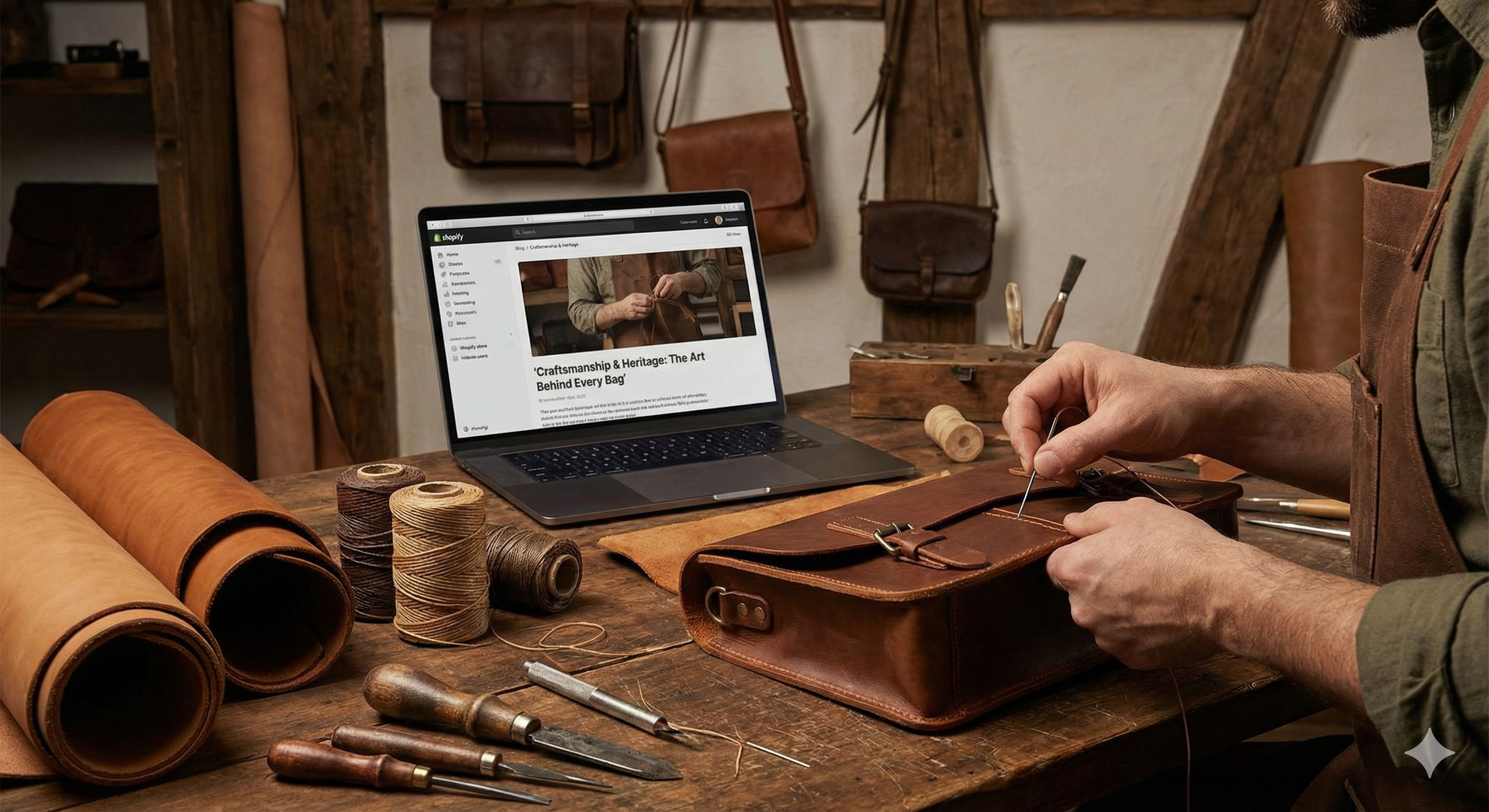 Artisan sewing a brown leather bag in a workshop, laptop open on table nearby.