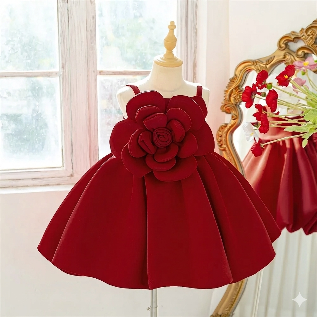 Satin Dress for Girls Fluffy Bow Big Flower Appliqued O-Neck Collar Sweet Style Knee-Length for Summer Kids Party Dress