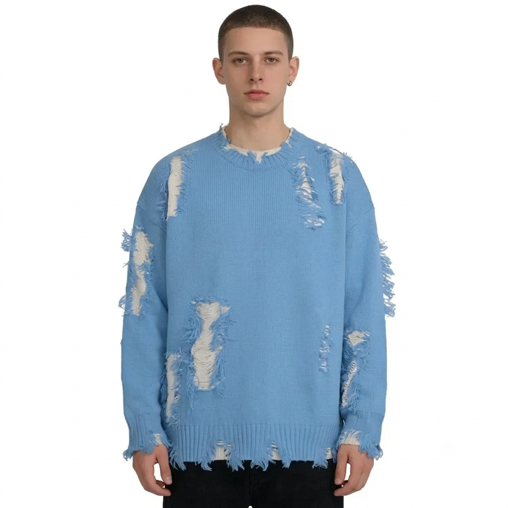Custom for Men Casual Fashion Crew Neck Autumn Nit Sweaters Pullover Navy Blue Ripped Streetwear Long Sleeve Jacquard Sweaters