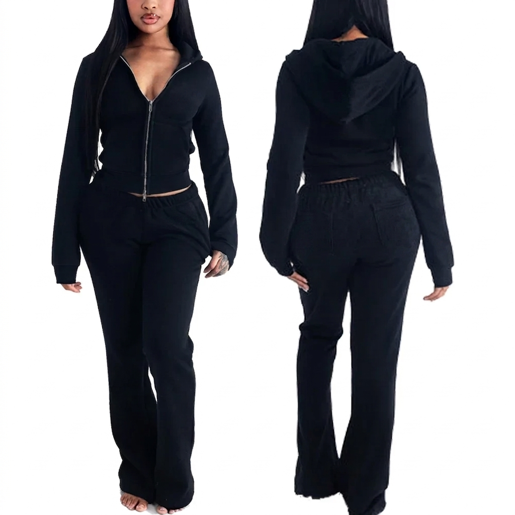 High Quality Lounge Wear Women Clothing Cropped Jacket With Sleek Essence Flared Lace Trim Leggings Women Jacket Two 2Pieces Set