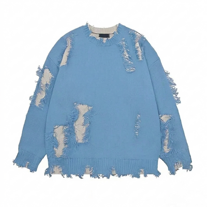 Custom for Men Casual Fashion Crew Neck Autumn Nit Sweaters Pullover Navy Blue Ripped Streetwear Long Sleeve Jacquard Sweaters