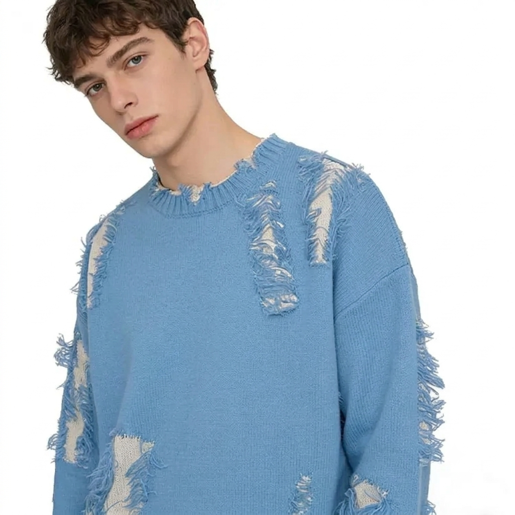 Custom for Men Casual Fashion Crew Neck Autumn Nit Sweaters Pullover Navy Blue Ripped Streetwear Long Sleeve Jacquard Sweaters