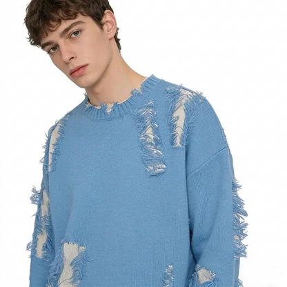 Custom for Men Casual Fashion Crew Neck Autumn Nit Sweaters Pullover Navy Blue Ripped Streetwear Long Sleeve Jacquard Sweaters