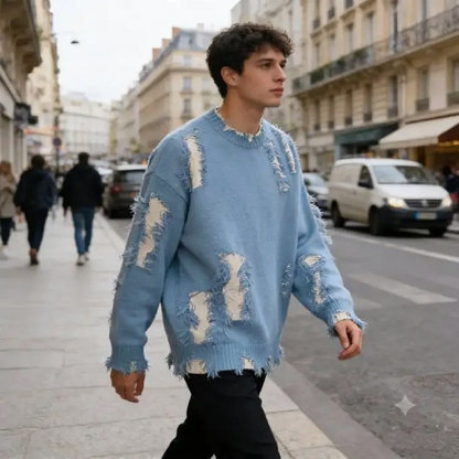 Custom for Men Casual Fashion Crew Neck Autumn Nit Sweaters Pullover Navy Blue Ripped Streetwear Long Sleeve Jacquard Sweaters