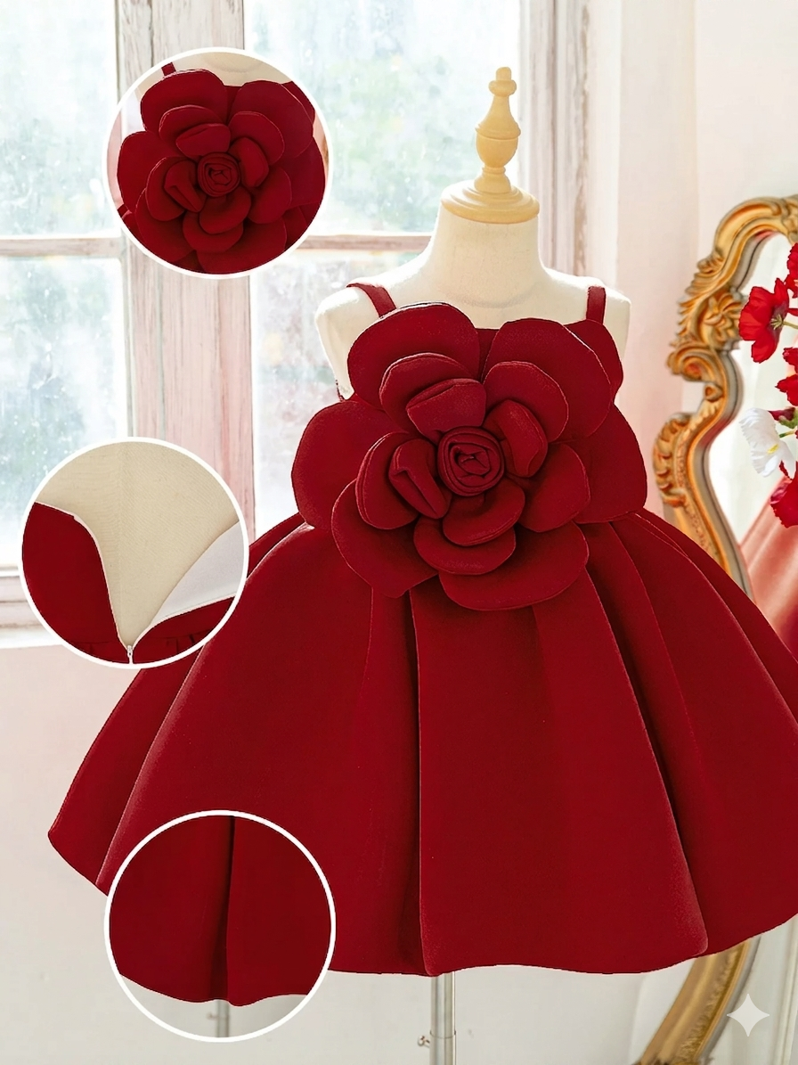Satin Dress for Girls Fluffy Bow Big Flower Appliqued O-Neck Collar Sweet Style Knee-Length for Summer Kids Party Dress