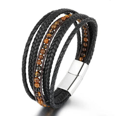 Mens Bead Bracelets Stainless Steel Handmade Woven Leather Bracelet Men