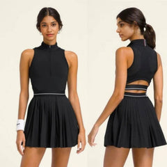 Women Quick Dry V Neck Half Zip Tennis Golf Pickleball Dress Pleated Skirt With Shorts Athletic Breathable Sportswear