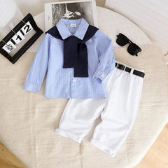 Spring and Autumn New Girls' Set Striped Long Sleeve Shirt with Shawl Pants and Belt Four Piece Set