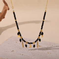 Luxury Black Crystal Stainless Steel Tassel Moon Choker Necklaces Mysterious Dark Queen Jewelry for Women Party Jewelry Gifts