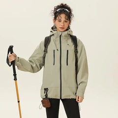 Women's Waterproof Canvas Hiking Jacket with Solid Black Zip Pocket Outdoor Hooded Clothing