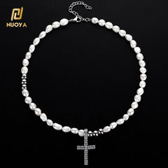 Trendy Men's Pearl Necklace with Iced Cross Pendant Silver Stainless Steel Beaded Chain for Hip Hop Jewelry Gift