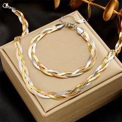 Silver Rose Gold 18K Gold Plated Stainless Steel Jewelry Set Non Tarnish Three Color Twisted Flat Snake Chain Bracelet Necklace