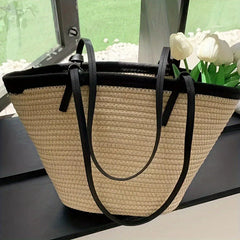 Women Classic Straw Summer Beach Shoulder Cotton Rope Handbag Tote  Leather Shoulder Strap Handmade Straw Bag