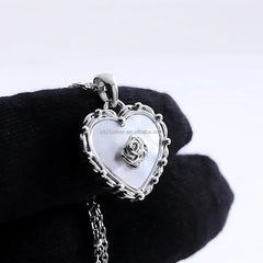 Fast Delivery Elegant Women Jewelry 925 Sterling Silver Heart Shaped Natural Shell Stone Rose Flower Pendant Necklace