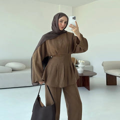 Loriya B2B Women's Clothing New Elegant Solid Color Shirt Top Wide Leg Pants Islamic Clothing Top Pants Co-ord 2 Piece Abaya Set