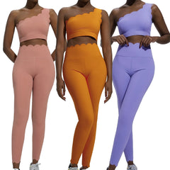 Lace Single Shoulder Pullover Vest Bra Yoga Suit Quick-Drying Breathable Ladies Sports Two-Piece Set Casual Solid for Summer