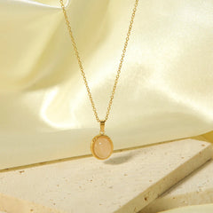 New Vintage Pink Opal Gemstone Pendant with 18K Gold PVD Stainless Steel Link Chain Geometric Style Necklace Collars