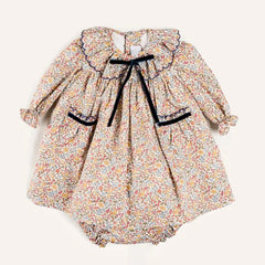 2025 Autumn High Quality Floral Printing Long Sleeves Cotton Baby Girl Clothing 2 Piece Set Velvet Bow Top With Bloomers
