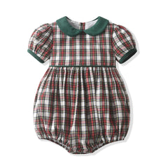Christmas Style Tartan Print Infant Romper Gather Waist Green Trim Peter Pan Collar Short Sleeve Baby Girl Romper for Newborn