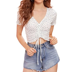 Custom Oem High Quality European Fashion Summer Female Elegant Casual Blouses White Women Wholesale Floral Printed Crop Top