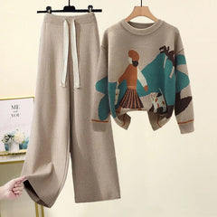 Women's Plus Size Casual Sweater Set Autumn Winter Two-Piece Trendy Suit Slimming Loose Pants New Arrival Western Style Knitted