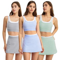 Women's Cross-Border Contrast White Strap Sports Bra and Tennis Skirt Yoga Suit Summer XS Size Top Short and Solid Pattern
