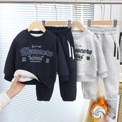 Children's Casual Letter Sweater Suit Winter New Plus Velvet Padded  Boys Western Sports Two-Piece Clothing