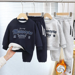 Children's Casual Letter Sweater Suit Winter New Plus Velvet Padded  Boys Western Sports Two-Piece Clothing