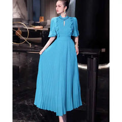 Retro Elegant Long Dress Flared Sleeves Waist Cinching Slimming Temperament Sweet Style Solid Pattern Lace Decoration Plain Dyed