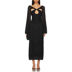 Custom Party Lady Elegant Club Cut Out Clothing Dress Long Sleeve Sequin Midi Prom Women Dresses Manufacturer