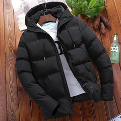 Men's Casual Winter Jacket Warm Thick Puffer With Stand Collar Hood Vintage Style Knitted Fabric Outwear for Business Daily Use