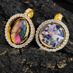 NUOYA Custom Gold Plated Photo Pendant Small Fine Jewelry for Men & Women Hip Hop Style Iced Double Sided Rotating Photo Pendant