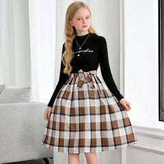 Boutique High Quality Cotton Girls Dress Long Sleeves Black Top Spring Letter Print Patchwork Plaid for Summer
