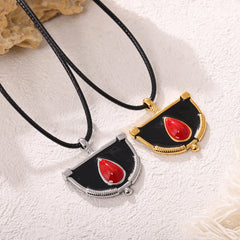 Vintage Woven Leather Rope Geometric Oil Drop Pendant Necklace Adjustable Fashion Stainless Steel Sweater Chain for Women