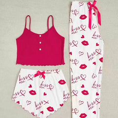 Korean Sexy Women's Home Wear Set 3PCS Summer Solid Cami Top with Red Lips Print Shorts Pants Plain Dyed Nightwear Front Logo