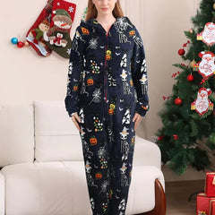 Flannel Halloween Jumpsuit PJS Sleepwear Zippered Pumpkin Print Onesie Pajamas Family Matching Outfits with Hoodies