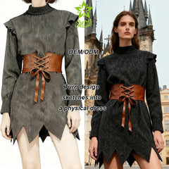 Vintage Sweet Solid A-Line Eco-Friendly High Neck Long Sleeve Mini Dress Lace-Up Waist Belt Women's Winter Custom Apparel OEM