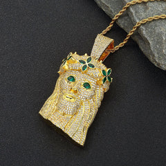 NUOYA Large Heavy Jesus Pendant Necklace Hip Hop Style Bling Green Zircon Four Leaf Clover Jesus Pendant Jewelry