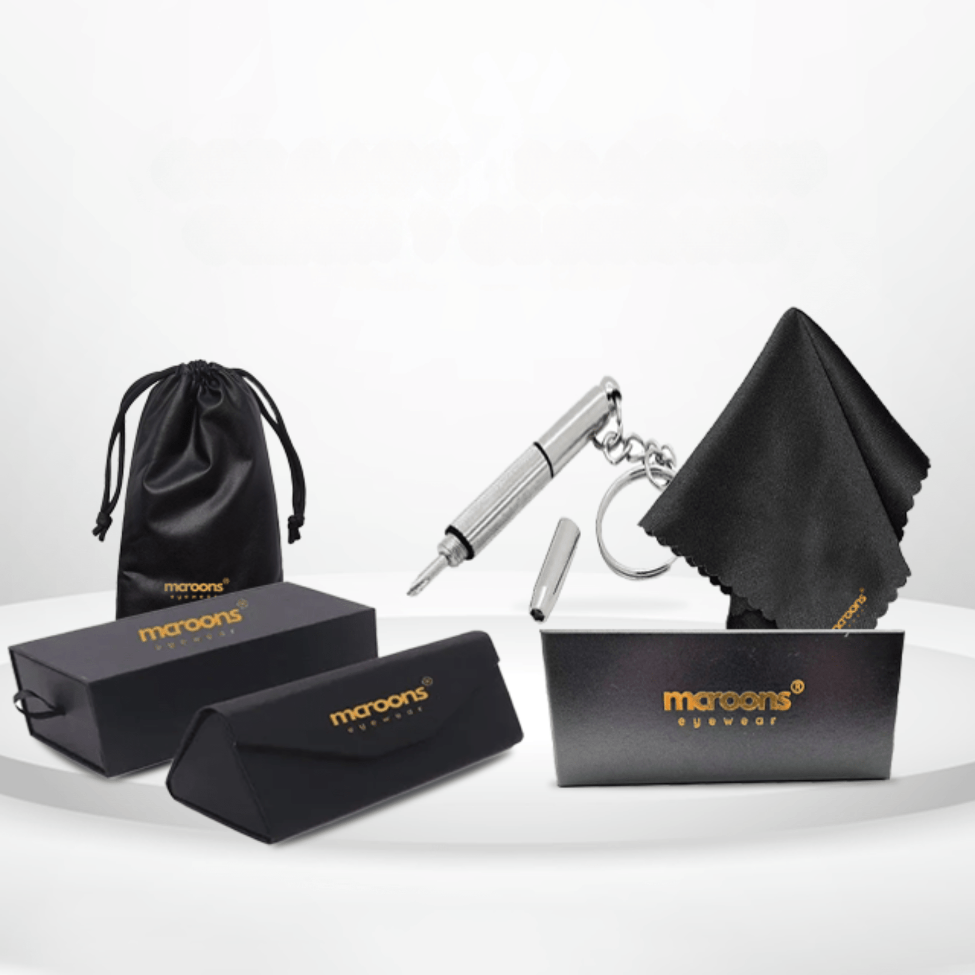 Glasses Care Kit: Folding Case, Cleaning Cloth, Pouch, Drawer Box, & Screwdriver - MCROONS.COM