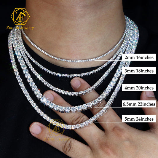 Luxury Men Women Hip Hop Fine Jewelry 2Mm 3Mm 4Mm 5Mm Diamond 925 Silver Bracelet VVS Moissanite Tennis Chain Necklace